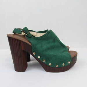 Allegra K Women's Size 8 Green Slingback Platform Chunky Heels Faux Suede Shoes